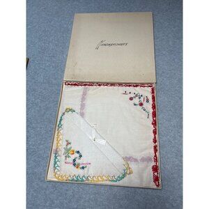 Vintage Hand Embroidered Floral Cotton Handkerchiefs Original Box Ribbon Detail